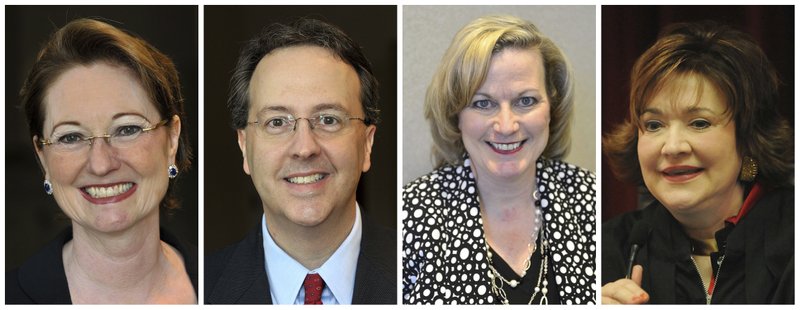 This combination of photos shows West Virginia state Supreme Court justices, from left, Robin Davis on Oct. 3, 2012, Allen Loughry on Oct. 3, 2012, Beth Walker on March 16, 2016 and Margaret Workman on Dec. 29, 2008. The West Virginia House of Delegates is considering impeachment articles against all four justices. Justice Robin Davis has announced her retirement. (Courtesy of the Charleston Gazette-Mail and The Daily Mail via AP)