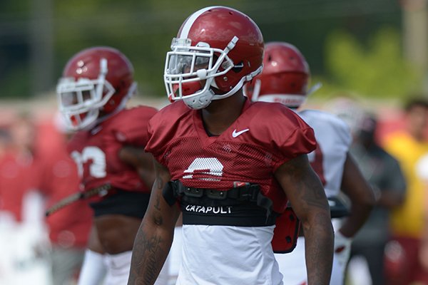 Arkansas defensive back Kamren Curl lines up in coverage Thursday, Aug. 9, 2018, during practice at the university's practice facility in Fayetteville. 