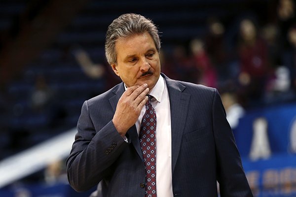 Texas State head coach Danny Kaspar reacts during the first half of the Sun Belt Conference NCAA college basketball championship game against Troy in New Orleans, Sunday, March 12, 2017. Troy won 59-53. (AP Photo/Gerald Herbert)
