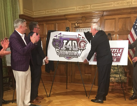 Gov. Asa Hutchinson unveils a new rivalry series between the University of Central Arkansas and the University of Arkansas at Little Rock at the Capitol on Thursday, Aug. 16, 2018.
