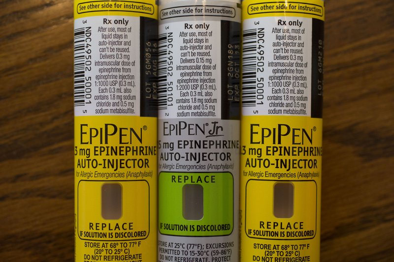 Mylan NV's EpiPen allergy shots sit on display for a photograph in Princeton, Illinois, U.S., on Friday, Aug. 26, 2016. 