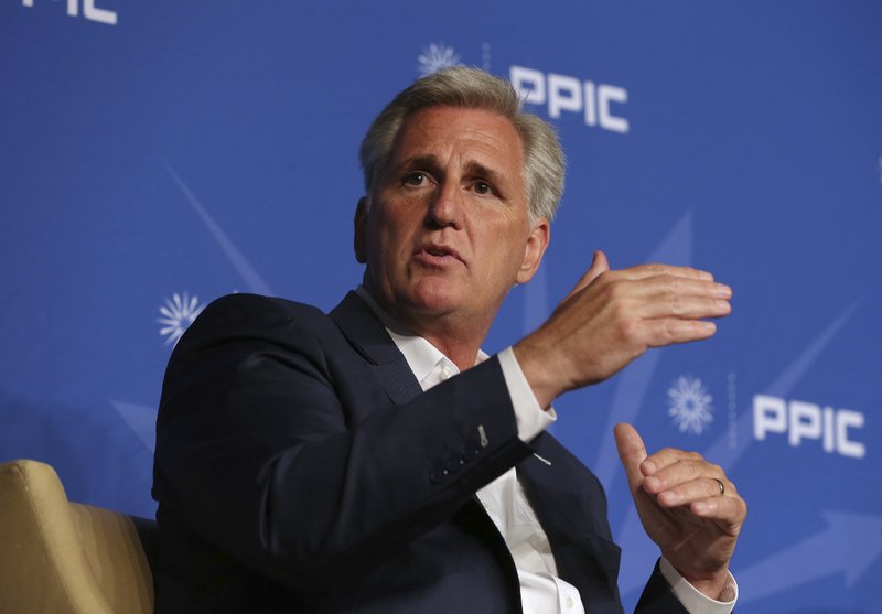Rep. Kevin McCarthy, R-Calif., answers a question during his appearance with the Public Policy Institute of California, Wednesday, Aug. 15, 2018, in Sacramento, Calif. McCarthy blasted his home state of California as out of touch, hitting its leaders for increasing the gas tax while defending the Trump administration's policies on taxes and tariffs.