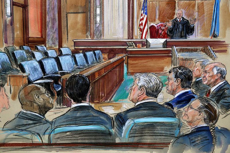 A courtroom sketch depicts U.S. District Judge T.S. Ellis III speaking to the lawyers and defendant Paul Manafort (fourth from the left) as the jury continues to deliberate at the federal courthouse in Alexandria, Va.  