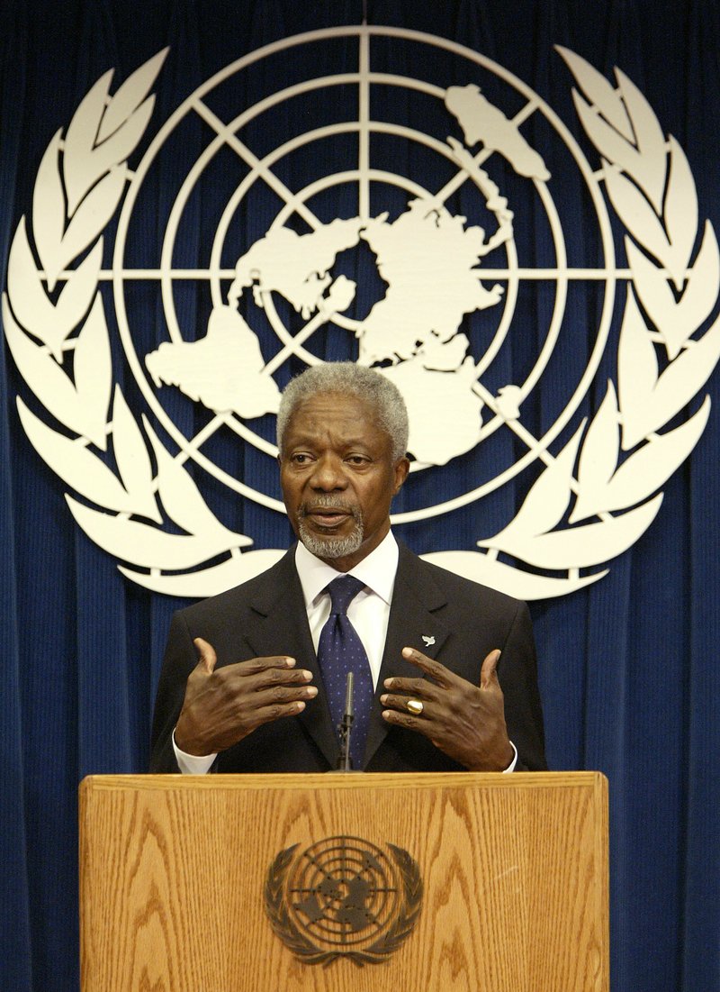 FILE - In this Tuesday March 21, 2005 file photo United Nations Secretary General Kofi Annan addresses a news conference at the United Nations. Annan, one of the world's most celebrated diplomats and a charismatic symbol of the United Nations who rose through its ranks to become the first black African secretary-general, has died. He was 80. (AP Photo/Gregory Bull, File)