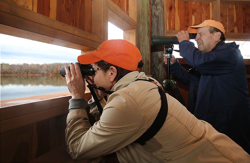NWA Democrat-Gazette/DAVID GOTTSCHALK Shauna (cq) Coldwell, amateur bird watcher, (left) and Joe Woolbright, with Ozark Ecological Restoration, spot Monday, December 26, 2016, a male Gadwall as they look out from the Mulhollan Waterfowl Blind at Lake Fayetteville. The blind is located .4-.5 miles down a part of the soft trail from the parking lots at or near the Botanical Garden of the Ozarks in Fayetteville.
story.lead_photo.caption