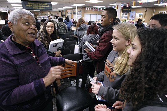 Arkansas Democrat-Gazette/THOMAS METTHE -- 4/5/2018 --
Little Rock Nine member Minnijean Brown-Trickey (left) tells a story about her time as a student at Little Rock Central High School to students in the Sojourn to the Past program on Thursday, April 5, 2018, at the Central High School library. 