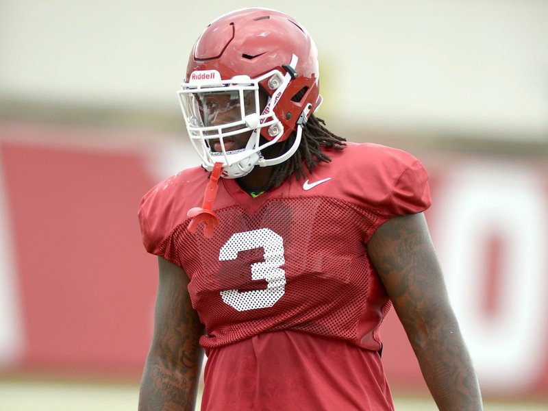 NWA Democrat-Gazette/ANDY SHUPE
Arkansas defensive lineman McTelvin Agim (3) participates in a drill Tuesday, Aug. 7, 2018, during practice at the university practice fields in Fayetteville. Visit nwadg.com/photos to see more photographs from the practice.