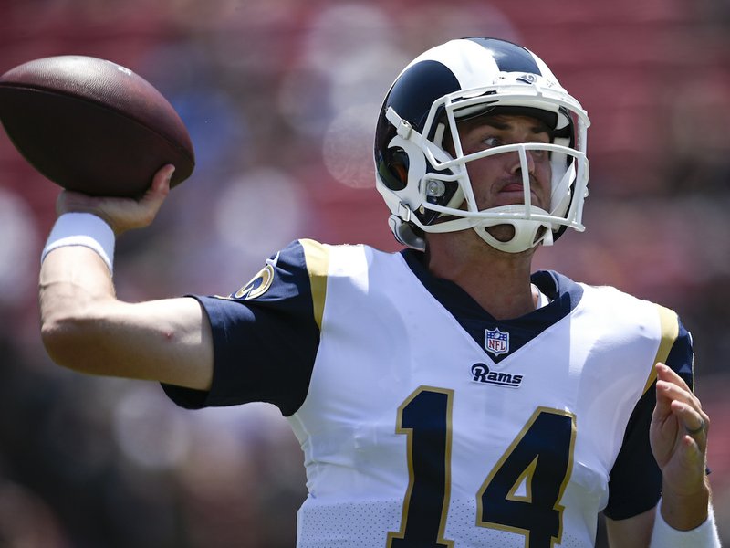 Los Angeles Rams quarterback Sean Mannion passes against the Oakland Raiders during the first half in an NFL preseason football game Saturday, Aug. 18, 2018, in Los Angeles. (AP Photo/Kelvin Kuo)