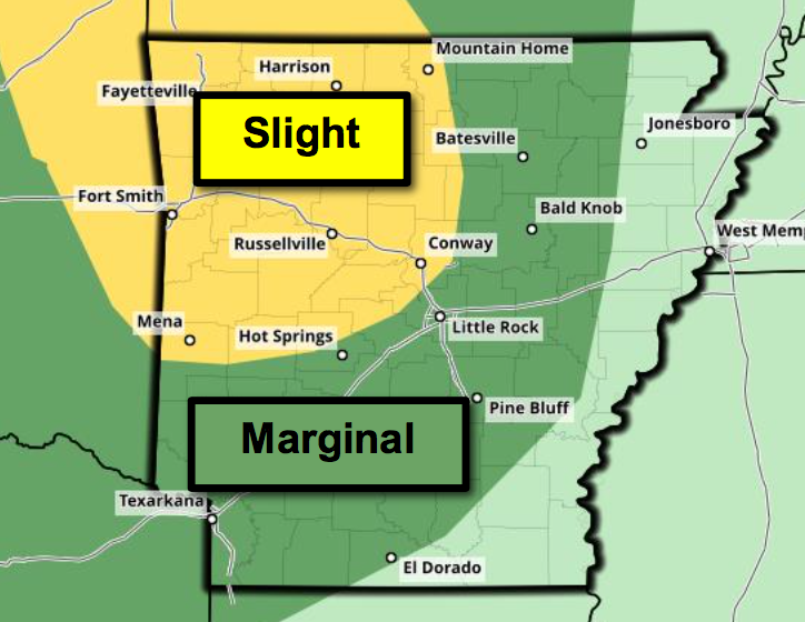 Northwest Arkansas faces a slight risk for severe storms Sunday, Aug. 19, 2018, according to the National Weather Service. Much of the remainder of the state is in a marginal risk. 