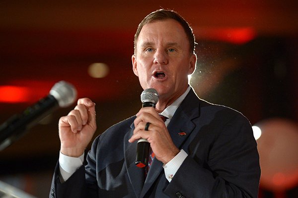 Arkansas coach Chad Morris speaks Friday, Aug. 17, 2018, during the annual Kickoff Luncheon at the Northwest Arkansas Convention Center in Springdale.