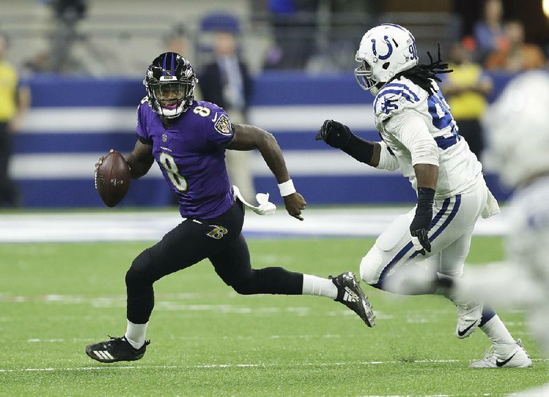 Baltimore quarterback Lamar Jackson (8) completed 7 of 15 passes for 49 yards and rushed 4 times for 26 yards in the Ravens’ 20-19 victory over the Indianapolis Colts on Monday night.