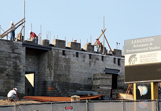 The Sentinel-Record/Richard Rasmussen UNDER CONSTRUCTION: Construction crews continue work on the new Langston Aerospace and Environmental Magnet School on Monday. According to Hot Springs School District Superintendent Stephanie Nehus, Langston is scheduled to open to students in August 2019.