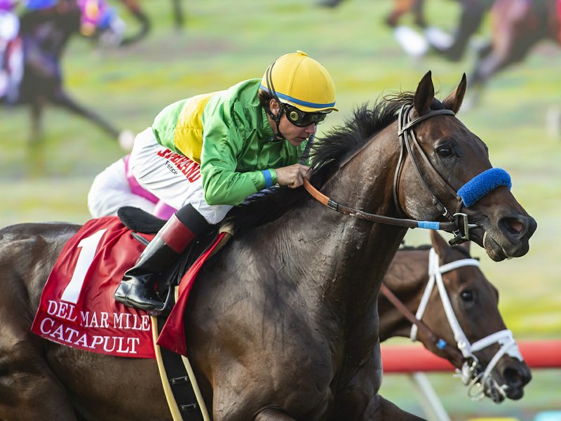 The Associated Press HAVING A DAY: Drayden Van Dyke wins the Grade 2 $200,000 Del Mar Mile Sunday aboard Catapult at the Del Mar Thoroughbred Club in California. Benoit Photo.