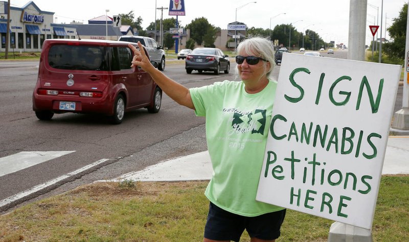 FILE - In this July 30, 2018, file photo, Zora Braun gestures to people as cars drive by a location in Oklahoma City where they can sign petitions for recreational marijuana and a constitutional amendment for medical marijuana.  (AP Photo/Sue Ogrocki, File)

