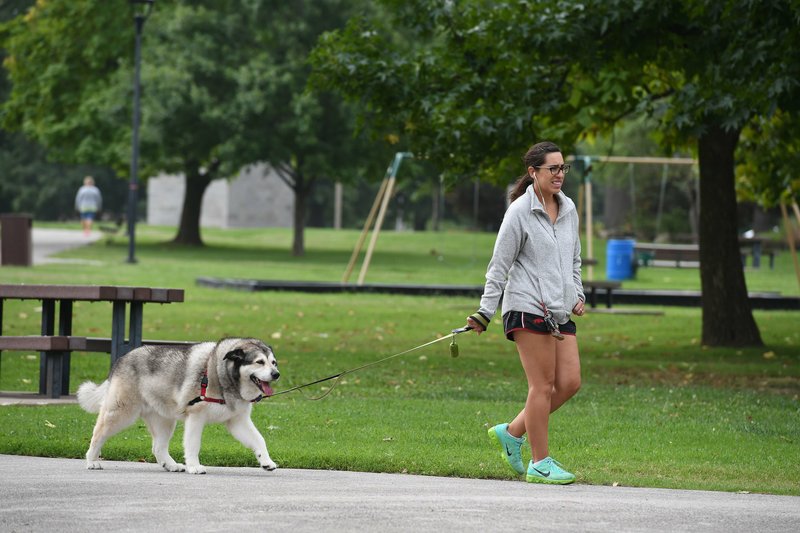 Ashley Robinson of Springdale walks her dog Abbey in Murphy Park Tuesday August 21, 2018. Robinson comes to Murphy park fairly often to walk Abbey. The city is installing security cameras in Murphy and C.L. "Charlie" and Willie George Park to deter vandalism.
