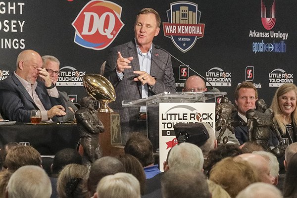 Arkansas coach Chad Morris speaks to the Little Rock Touchdown Club on Monday, Aug. 20, 2018, at Embassy Suites Hotel in Little Rock.	