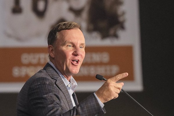 Arkansas coach Chad Morris speaks to the Little Rock Touchdown Club on Monday, Aug. 20, 2018, at Embassy Suites Hotel in Little Rock.	