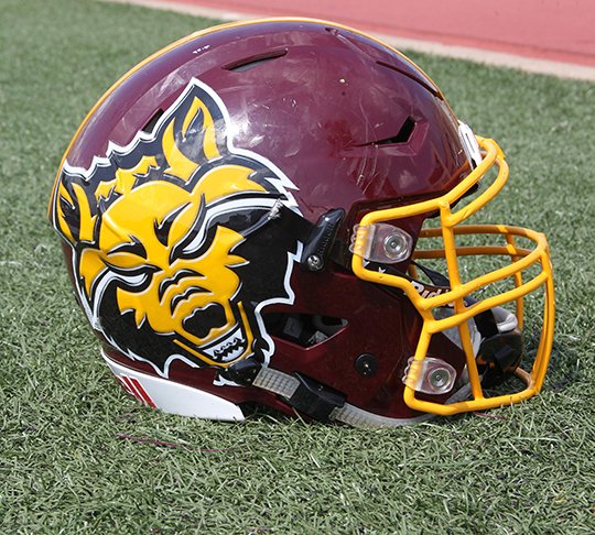 The Sentinel-Record/Richard Rasmussen DIFFERENT LOOK: The new decal on a Lake Hamilton football helmet, which was shared on the newspaper's sports-related Facebook page on Tuesday, drew comments that noted its similarities with the Arkansas State University Red Wolf logo.