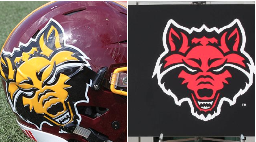From left: The new decal on a Lake Hamilton football helmet, (The Sentinel-Record/Richard Rasmussen); and Democrat-Gazette file photo of Arkansas State University logo
