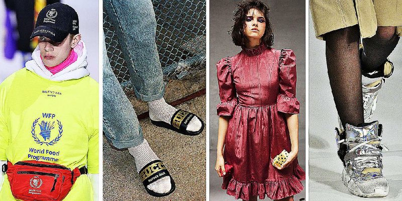 Pictured (from left) are a fanny pack on Balenciaga’s Fall Winter 2018 runway; shower shoes from Gucci’s Dapper Dan collection; a prairie dress by Batsheva Hay; clunky sneakers from the Maison Margiela Fall Winter 2018 collection.