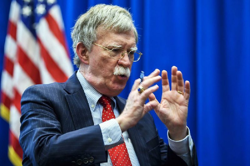 U.S. national security adviser John Bolton speaks Thursday at the U.S. Embassy in Geneva about a meeting with Russian counter-part Nikolai Patrushev. 
