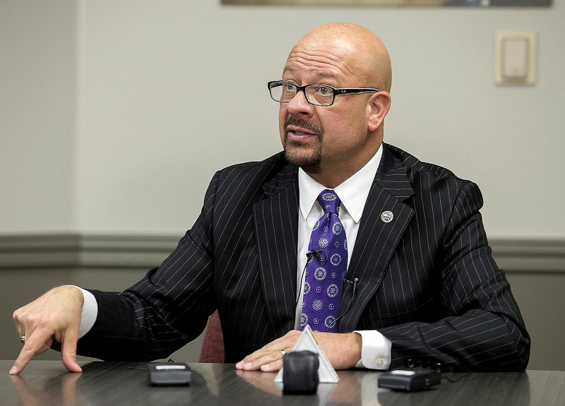 File Photo/NWA Democrat-Gazette
Matthew Wendt, former Fayetteville Public Schools superintendent, speaks in March 2017, at the administration building in Fayetteville.