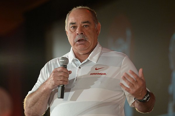 Arkansas defensive coordinator John Chavis speaks Friday, Aug. 17, 2018, during the annual Kickoff Luncheon at the Northwest Arkansas Convention Center in Springdale. 