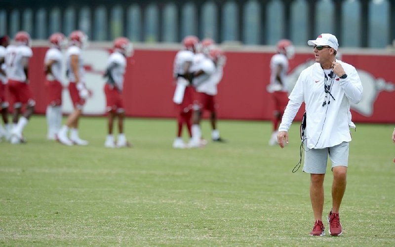 NWA Democrat-Gazette/ANDY SHUPE
Arkansas coach Chad Morris watches Tuesday, Aug. 7, 2018, during practice at the university practice fields in Fayetteville. Visit nwadg.com/photos to see more photographs from the practice.
