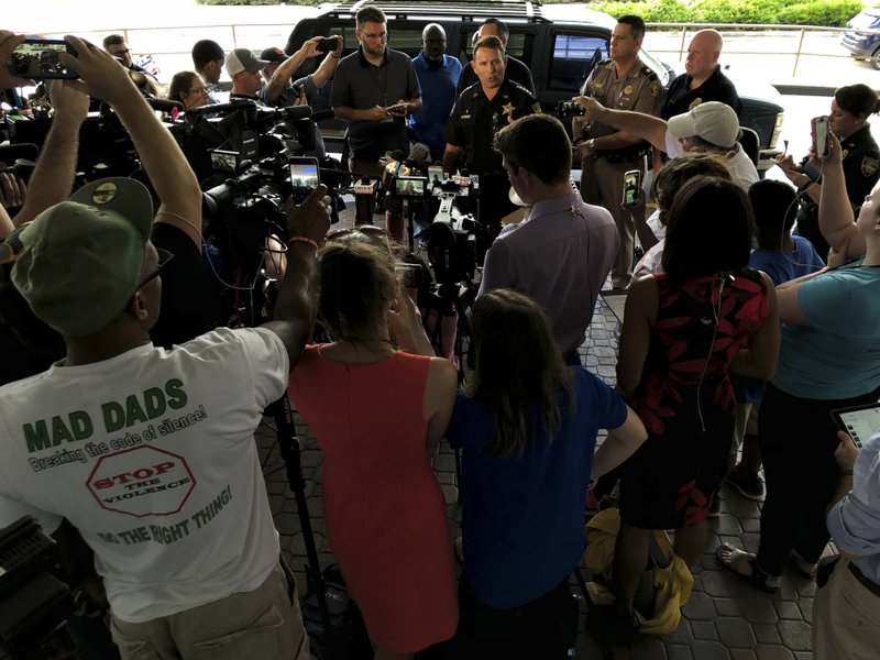 Jacksonville Sheriff Mike Williams holds a news conference, Sunday, Aug. 26, 2018, in Jacksonville, Fla., after a gunman opened fire Sunday during an online video game tournament that was being livestreamed from a Florida mall, killing multiple people and sending many others to hospitals. (AP Photo/Laura Heald)