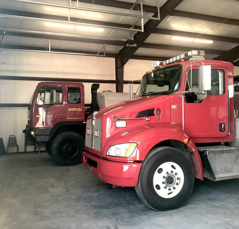 Photo by Sally Carroll/McDonald County Press Officials with the Goodman Area Fire Protection District recently consolidated all their engines and operations into one location. The new fire station, at 108 E. Russell Street, is now home to all the engines as well as office space. Officials moved into the two buildings, which span 8,400 square feet, according to Fire Chief Keith Estes. The April 2017 tornado destroyed two buildings and officials had been housing the engines at Choice Puppies in Goodman.