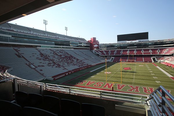 Donald W. Reynolds Razorback Stadium is shown from the newly-renovated north end zone on Monday, Aug. 27, 2018, in Fayetteville.