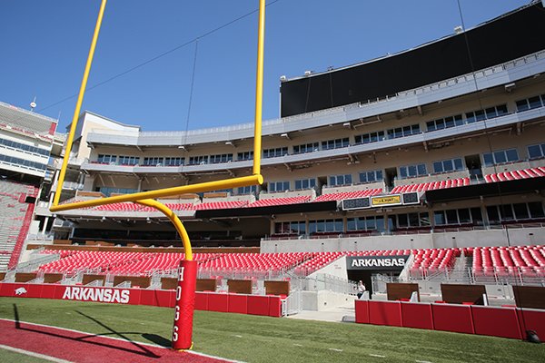 The north end zone of Donald W. Reynolds Razorback Stadium is shown Monday, Aug. 27, 2018, in Fayetteville. 