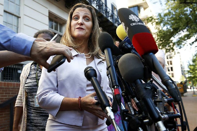 Canadian Foreign Minister Chrystia Freeland arrives for a third day of trade talks Thursday with U.S. Trade Representative Robert Lighthizer in Washington.