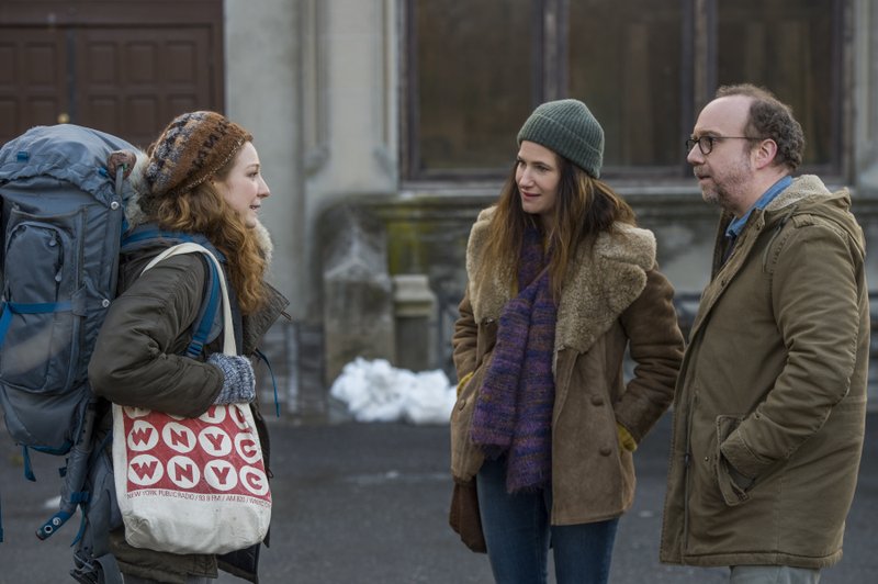 This image released by Netflix shows, from left, Kayli Carter, Kathryn Hahn and Paul Giamatti in a scene from &quot;Private Life,&quot; premiering on Oct. 5. (Jojo Whilden/Netflix via AP)