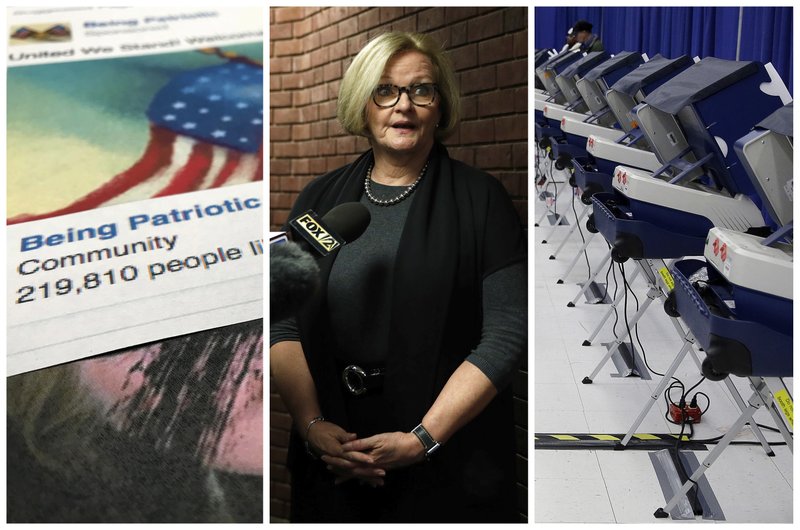 This combination of 2017-2018 photos shows from left, a Facebook posting from a group named &quot;Being Patriotic&quot; attributed to Russian agents by the U.S. House Intelligence Committee, Democratic Sen. Claire McCaskill of Missouri whose campaign was targeted by Russian hackers and voting machines in Chicago after hackers found a way into the voter registration database at the Illinois State Board of Elections in mid-2016. (AP Photo/Jon Elswick, Jeff Roberson, Kiichiro Sato)