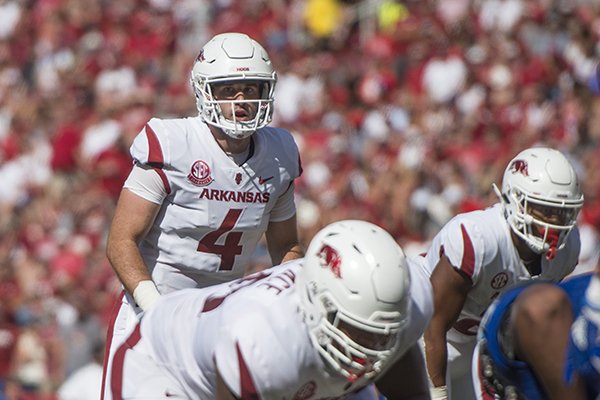 Arkansas quarterback Ty Storey prepares to take a snap during a game against Eastern Illinois on Saturday, Sept. 1, 2018, in Fayetteville.