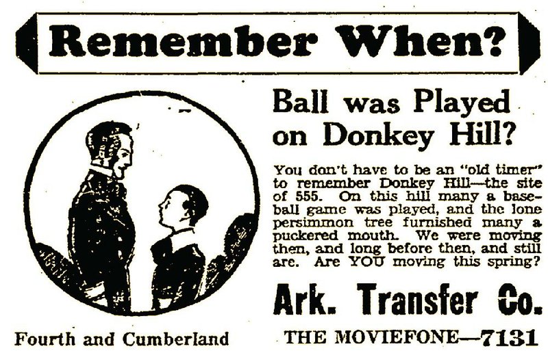 This ad from the March 20, 1929, Arkansas Gazette refers to the sandlot field known as Donkey Hill. 