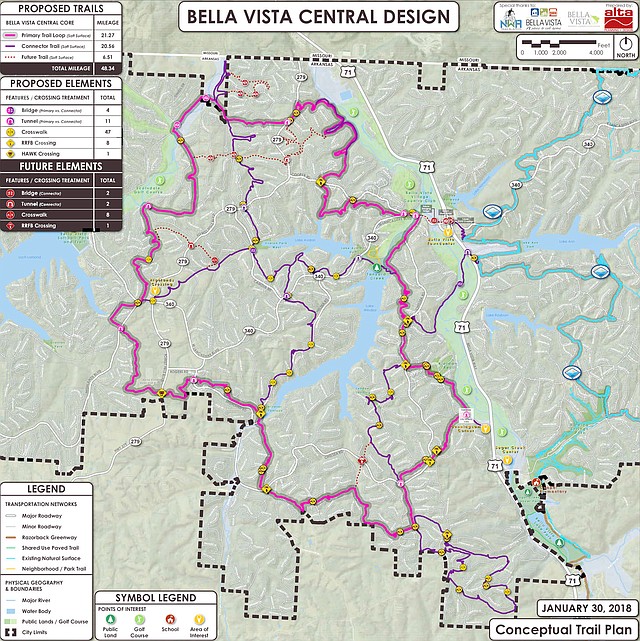 Image provided by NWA Trailblazers A conceptual map of what the central section of Bella Vista's trails could look like. Erin Rushing, executive director of NWA Trailblazers, said that paths may have to change during construction to work around large buried rocks and other obstacles.