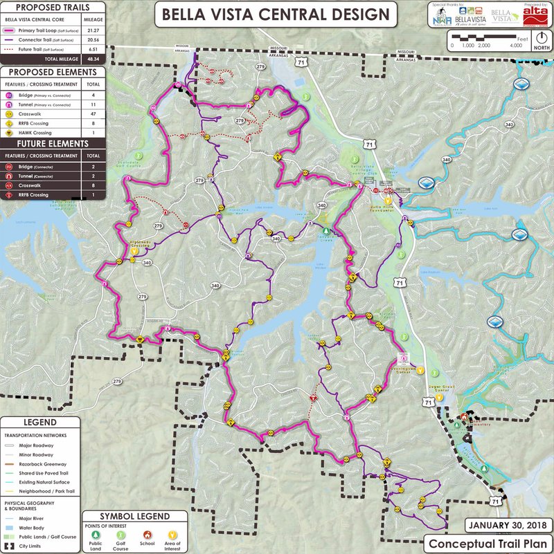 Image provided by NWA Trailblazers A conceptual map of what the central section of Bella Vista's trails could look like. Erin Rushing, executive director of NWA Trailblazers, said that paths may have to change during construction to work around large buried rocks and other obstacles.