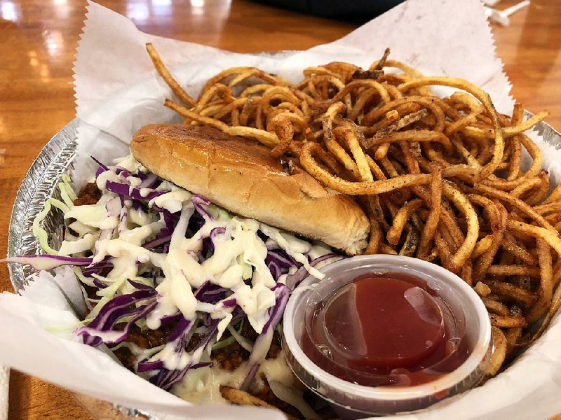 For $10, a Sloppy Joe with a side of Spiral Out Fries and a tub of ketchup fills a 9-inch, deep dish aluminum pie plate at Blue Sage Vegan Bistro. 