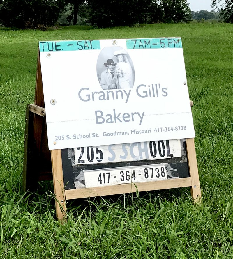 Photo by Sally Carroll/McDonald County Press The Goodman City Council recently approved Linda "Granny" Gill's request for a second sign in town after she had obtained permission from the landowners. One of Gill's signs is located on a light pole near the intersection of C Highway and Highway 59. Her other sign is placed on private land near that intersection. Gill has established this sign, but plans to erect a more permanent sign, pointing customers to her home bakery.