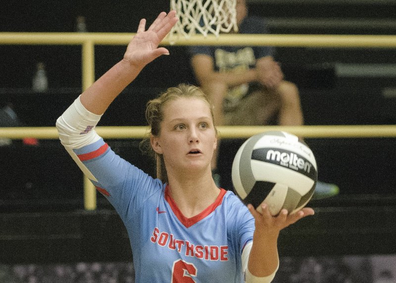 NWA Democrat-Gazette/CHARLIE KAIJO Southside High School Hannah Hogue (6) plays during an Early Bird Invitational volleyball match, Saturday, August 25, 2018 at Bentonville High School in Bentonville. 