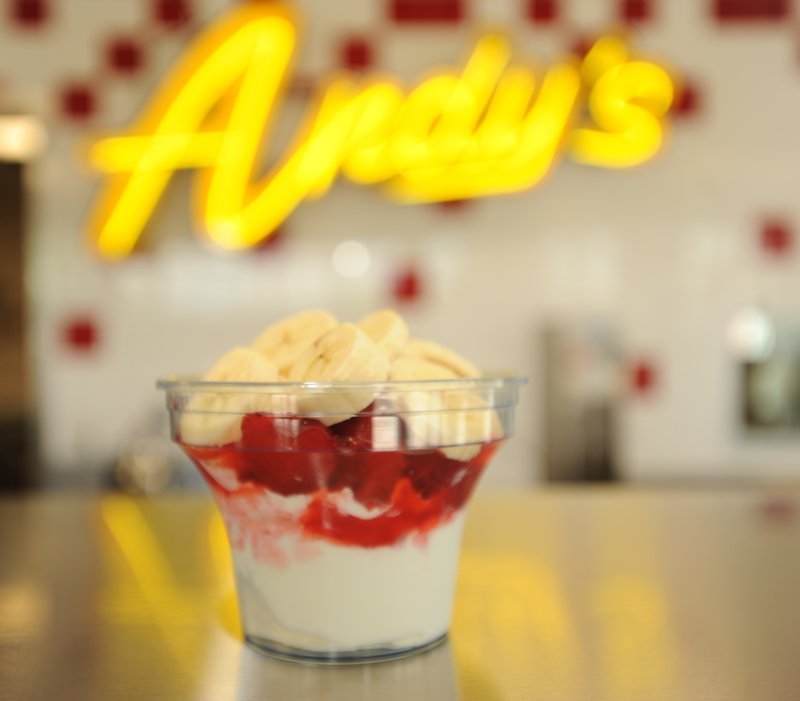 ANDY SHUPE Northwest Arkansas Times
The Original Straw-Ana, which features strawberries and bananas mixed with frozen custard, is one of many signature treats on the menu at the new Andy's Frozen Custard, located at 3223 N. College Ave. in Fayetteville.