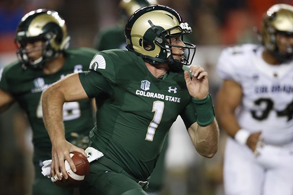 Colorado State Rams quarterback K.J. Carta-Samuels (1) in the second half of an NCAA college football game Friday, Aug. 31, 2018, in Denver. Colorado won 45-13. (AP Photo/David Zalubowski)

