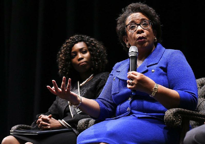 Former U.S. Attorney General Loretta Lynch answers a question from the audience after speaking Thursday at the University of Arkansas at Pine Bluff. 