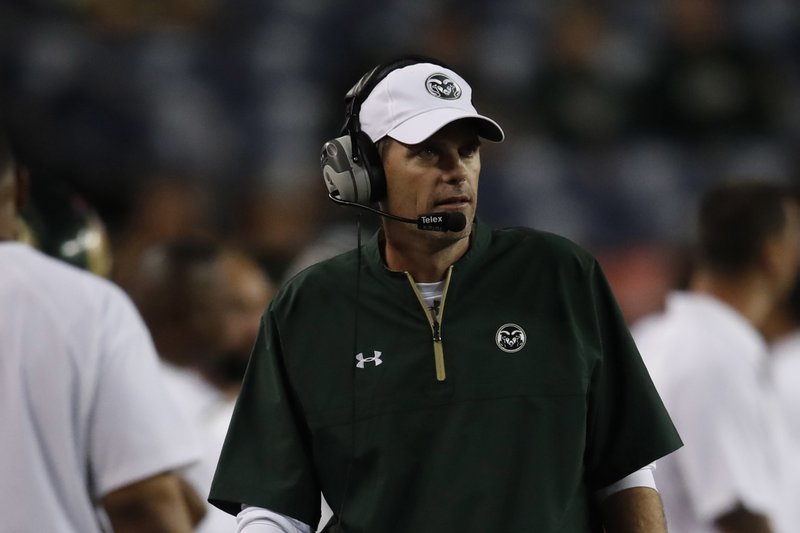 Colorado State Rams head coach Mike Bobo in the second half of an NCAA college football game Friday, Aug. 31, 2018, in Denver. Colorado won 45-13. (AP Photo/David Zalubowski)
