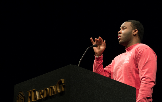 This March 24, 2014, photo provided by Harding University shows Botham Jean speaking at the university. 