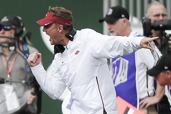 Arkansas coach Chad Morris shouts from the sideline during a game against Colorado State on Saturday, Sept. 8, 2018, in Fort Collins, Colo.