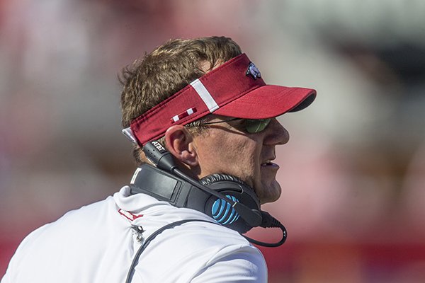 Chad Morris, Arkansas head coach, in the second quarter vs Eastern Illinois Saturday, Sept. 1, 2018, at Razorback Stadium in Fayetteville.