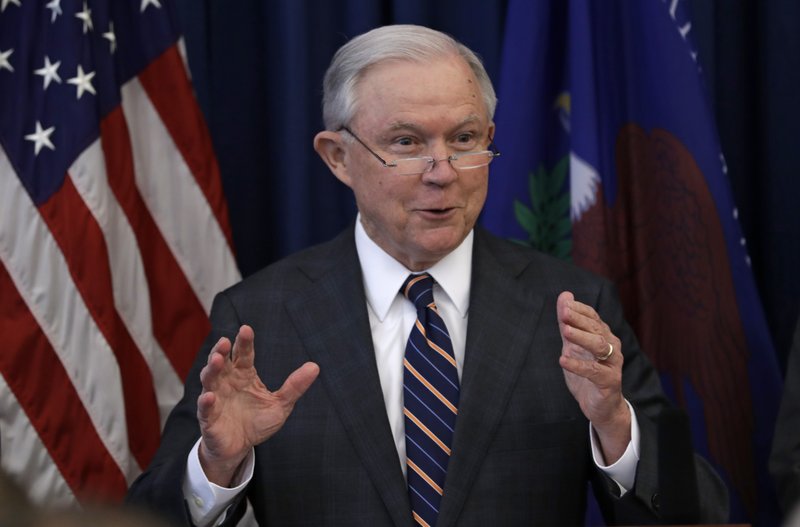  In this Aug. 22, 2018, file photo, Attorney General Jeff Sessions speaks during a news conference.